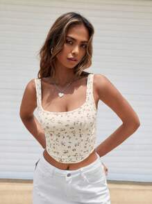 SHEIN MOD Ditsy Floral Print Crop Tank Top - Beige - View 5