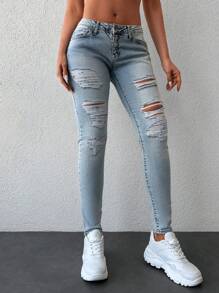 RueChic Ripped Skinny Jeans - Light Wash - View 4