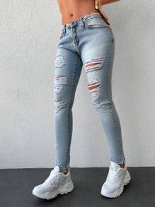 RueChic Ripped Skinny Jeans - Light Wash - View 5