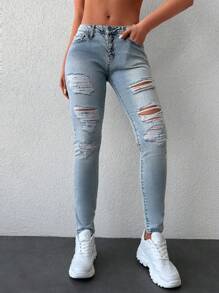 RueChic Ripped Skinny Jeans - Light Wash - View 6