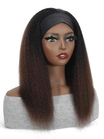 Kinky Rak Pannband Peruker , Ombre Svart Till Brunt Yaki Rak Syntetisk Pannband Peruker För kvinnor , Null Spets Framtill Peruker Med Svart Pannband