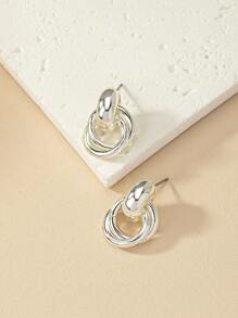 1pair Metallic Circle Button Drop Earrings For Women's Daily Wear - Silver - View 5