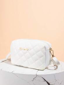 1 pieza Bolso bandolera acolchado con bordado de rombo para mujer con herrajes con letra y monedero a juego para teléfono - Blanco - Ver 1