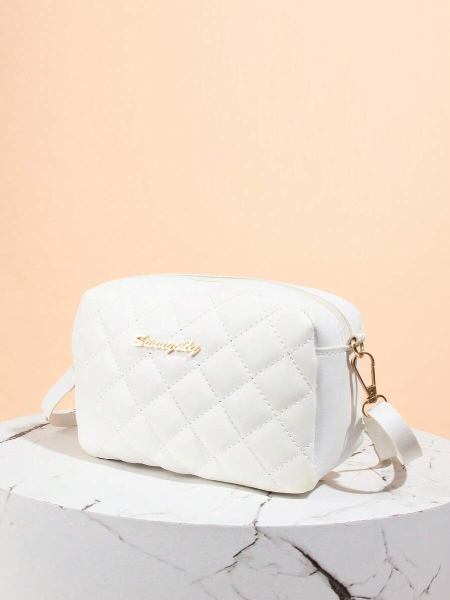 1 pieza Bolso bandolera acolchado con bordado de rombo para mujer con herrajes con letra y monedero a juego para teléfono - Blanco - Ver 1