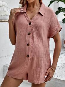 SHEIN Maternity Batwing Sleeve Button Front Romper - Dusty Pink - View 1