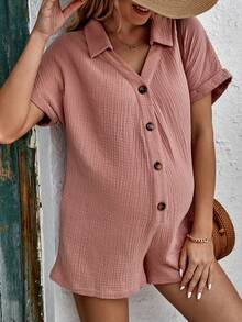 SHEIN Maternity Batwing Sleeve Button Front Romper - Dusty Pink - View 4