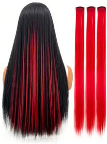 3pcs Red Hair Extension Clip-In Hairpiece For Volume And Length, One-Piece Straight Synthetic Hair Clip With Invisible Wire - Red - View 1