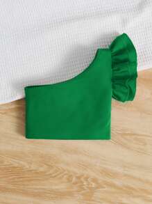 SHEIN Young Girl Solid Color Short Sleeve Off-Shoulder Ruffle Trim T-Shirt , Summer - Green - View 2