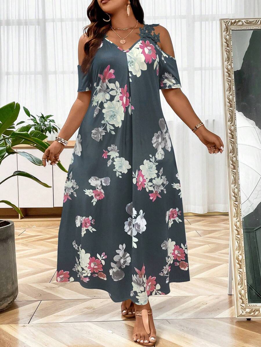 EMERY ROSE Vestido con estampado floral de hombros descubiertos - Gris - Ver 1