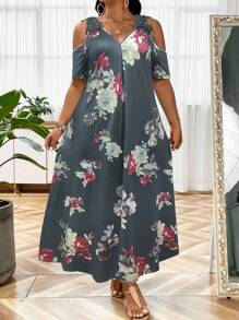 EMERY ROSE Vestido con estampado floral de hombros descubiertos - Gris - Ver 5