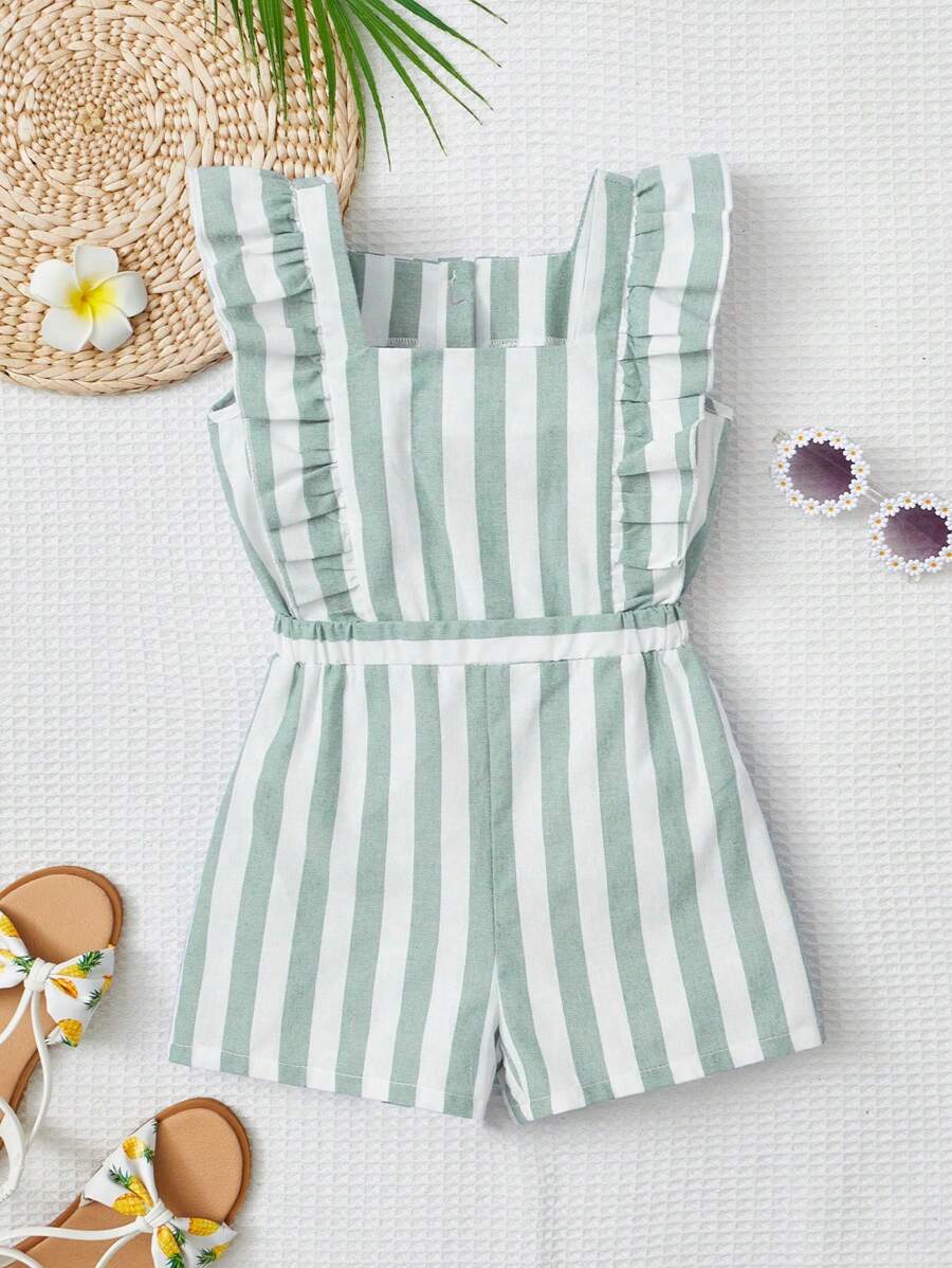 SHEIN Toddler Girls Striped Ruffle Trim Square Neck Romper - Mint Green - View 1