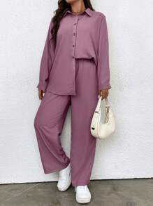 Flirla Plus Solid Button Front Shirt & Wide Leg Trousers - Dusty Pink - View 5