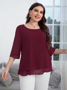 Mulvari Áo cánh cổ tròn màu đỏ tía cộng với màu trơn - Màu Đỏ Sâu - Xem 1