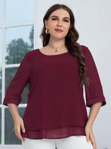 Mulvari Áo cánh cổ tròn màu đỏ tía cộng với màu trơn - Màu Đỏ Sâu - Xem 3