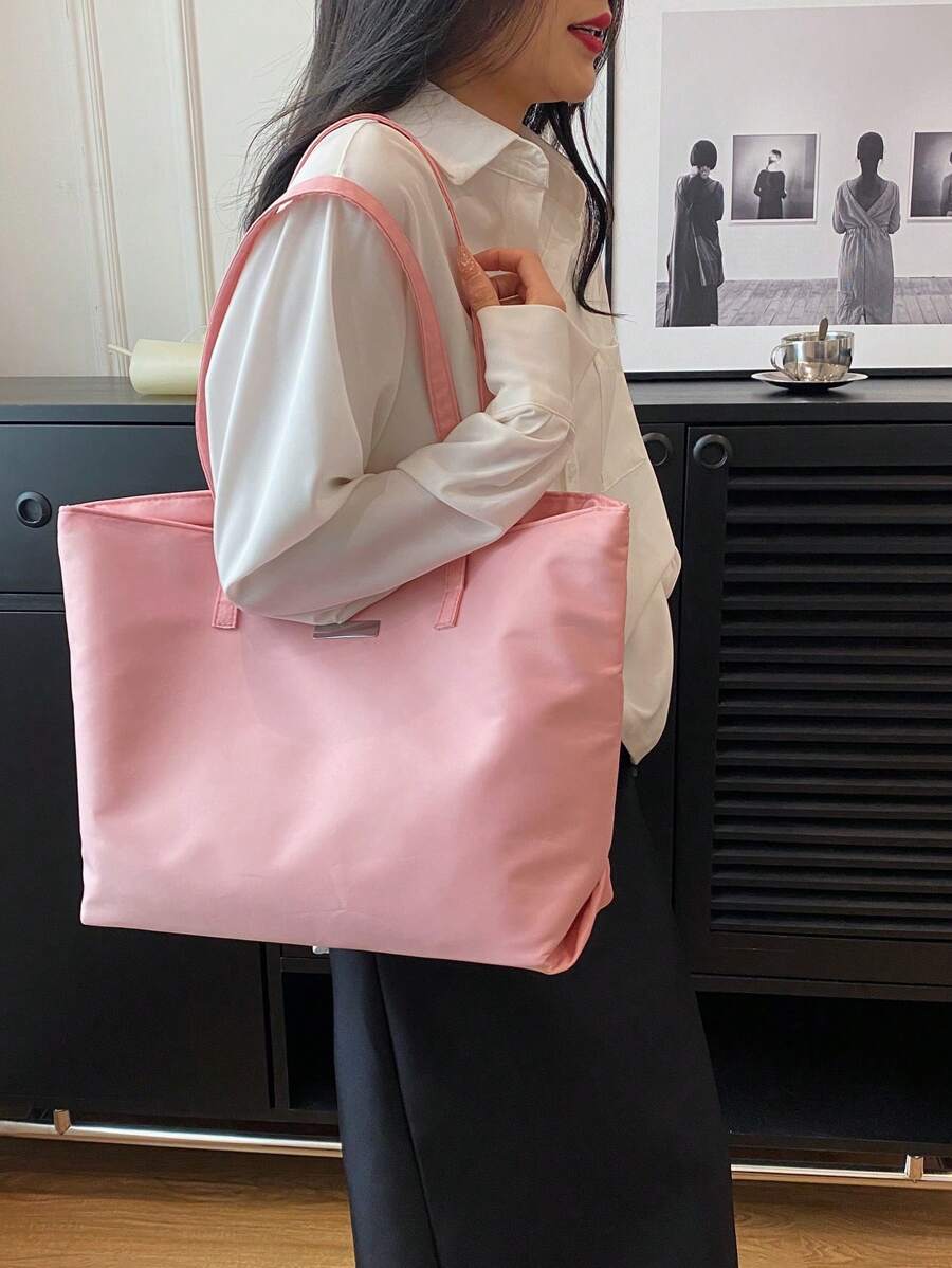 Metal Detail Shoulder Tote Bag Pink Large Capacity - Pink - View 1