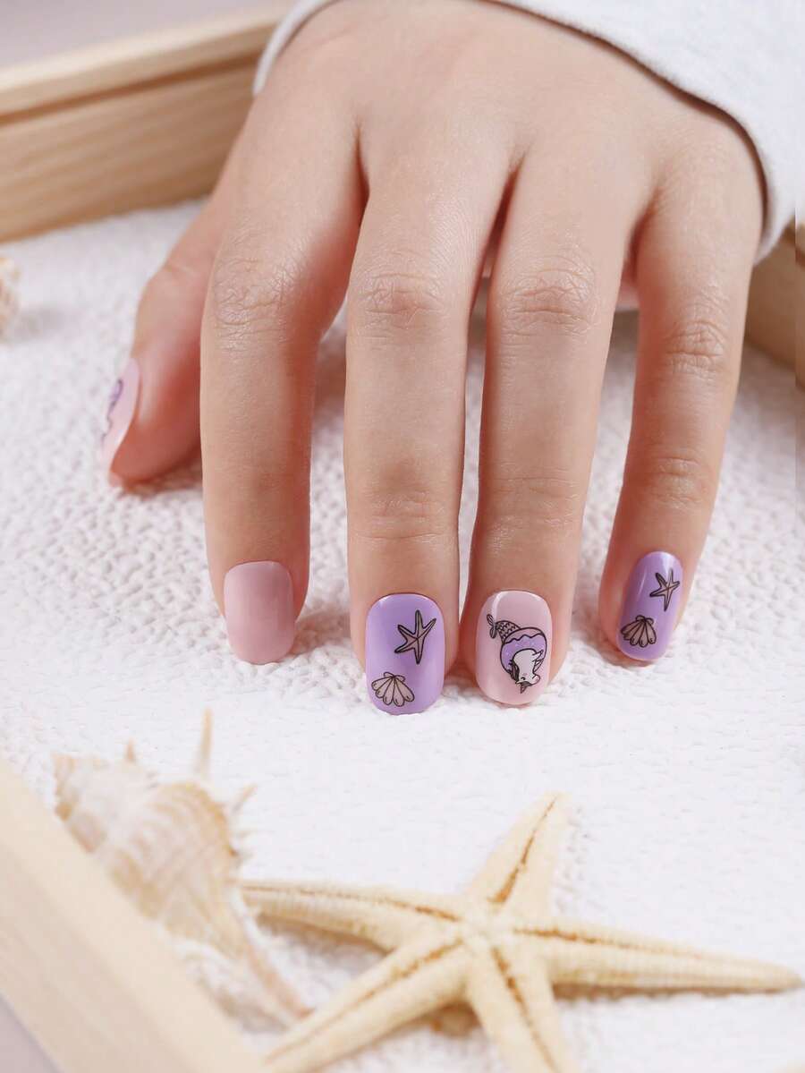 24入組短圓形美人魚/海星/貝殼/獨角獸設計兒童假指甲和1入組美甲果凍膠和1入組指甲銼和1入組卸甲棒 - 彩色 - 查看 1