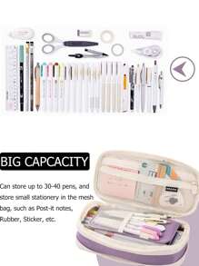 1入組雙色貼布裝飾文具簡約風大容量防水筆包適用於學生文具收納 - 藏蓝色 - 查看 3