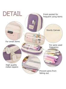 1入組雙色貼布裝飾文具簡約風大容量防水筆包適用於學生文具收納 - 藏蓝色 - 查看 4