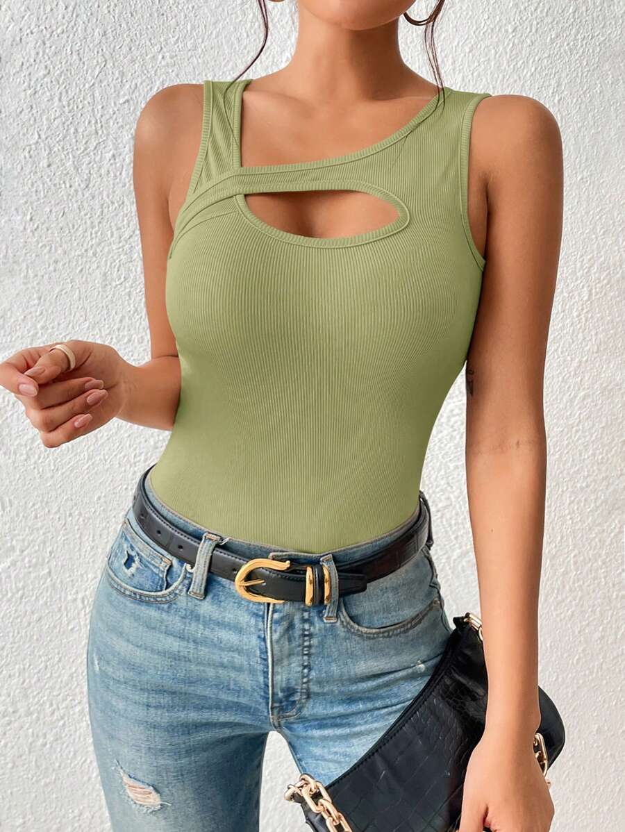 SHEIN BAE Áo khoác và áo lót dành cho xe tăng nữ Bất đối xứng Cắt ra Gân đan màu trơn Giải trí - màu xanh lá - Xem 1