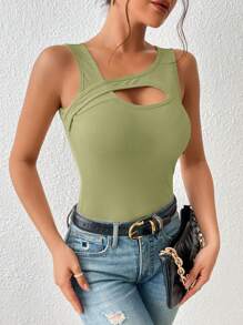 SHEIN BAE Áo khoác và áo lót dành cho xe tăng nữ Bất đối xứng Cắt ra Gân đan màu trơn Giải trí - màu xanh lá - Xem 4