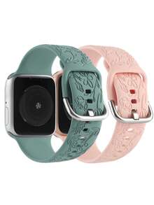 2pcs Floral Embossed Silicone Watchband Compatible With Apple Watch - Multicolor - View 2