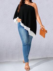 Celure 大碼單肩拼接邊不對稱下擺披肩襯衫 - 黑與白 - 查看 5