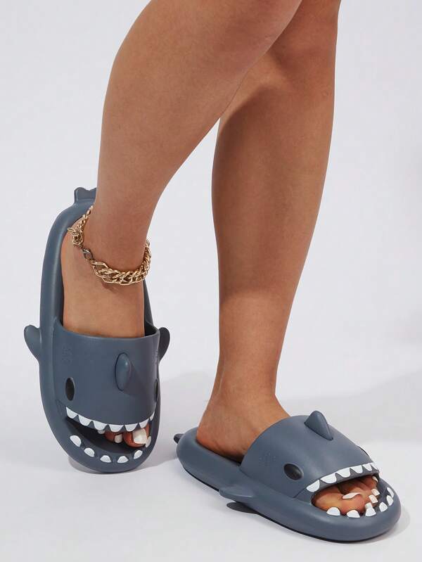 Women Cartoon Shark Design Single Band Slides, Preppy Outdoor EVA