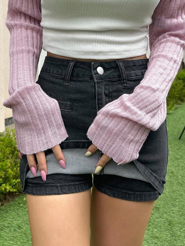 FRIFUL Solid Color Denim Skorts With Pockets for Sale New Zealand New