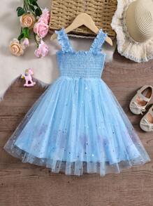 SHEIN Đầm bé gái Tương phản Mesh viền lá sen Dải chun Hoạt hình Thiên hà Dễ thương - Màu xanh lam - Xem 1