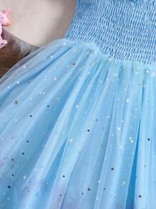 SHEIN Đầm bé gái Tương phản Mesh viền lá sen Dải chun Hoạt hình Thiên hà Dễ thương - Màu xanh lam - Xem 5