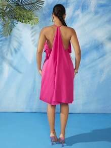 Zolique Ruffle Trim Halter Dress - Hot Pink - View 2