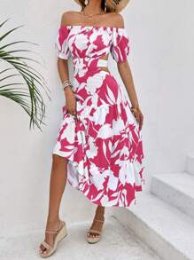 SHEIN VCAY Floral Print Off Shoulder Cut Out Waist Ruffle Hem Dress - Hot Pink - View 3