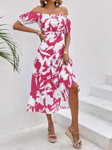 SHEIN VCAY Floral Print Off Shoulder Cut Out Waist Ruffle Hem Dress - Hot Pink - View 4