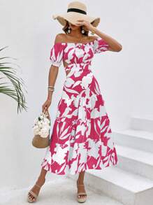 SHEIN VCAY Floral Print Off Shoulder Cut Out Waist Ruffle Hem Dress - Hot Pink - View 7