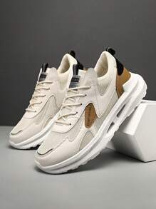 WANWEISI Chaussures de sport casual pour hommes, chaussures de sport pour hommes à semelle épaisse et perforée, chaussures de course à lacets imprimées de lettres pour hommes, chaussures casual pour hommes toutes saisons, chaussures de sport rétro pour hommes, convenant pour la course en extérieur, les rassemblements quotidiens et la Saint-Valentin, parfaites avec un look jean de sport - Beige - Voir 2
