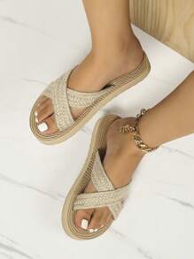 Women Cross Strap Slides, Vacation Linen Outdoor Slides - Apricot - View 4