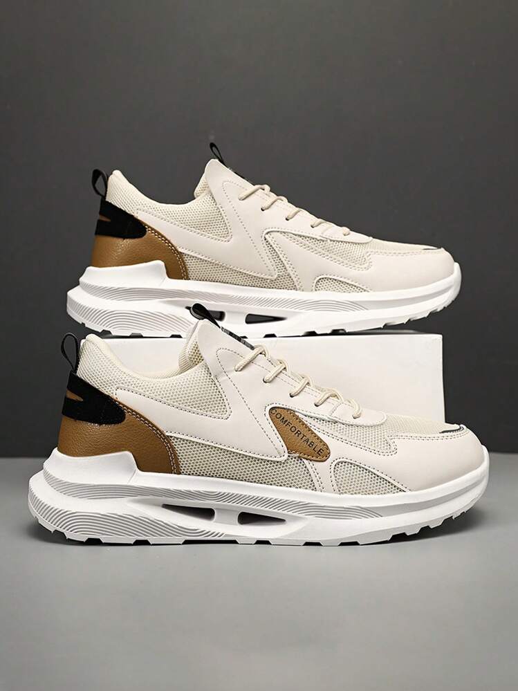 WANWEISI Men's Casual Sports Shoes, Thick Perforated Sole Men's Sports Shoes, Men's Lace-Up Letter Print Running Shoes, All Season Men's Casual Shoes, Retro Color Men's Sports Shoes, Suitable For Outdoor Running, Daily Gatherings Valentines, Perfect With Sports Jeans Look - Beige - View 2