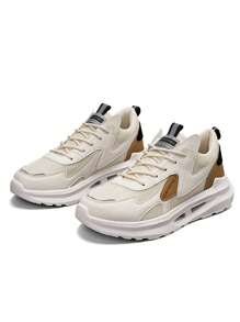 WANWEISI Chaussures de sport casual pour hommes, chaussures de sport pour hommes à semelle épaisse et perforée, chaussures de course à lacets imprimées de lettres pour hommes, chaussures casual pour hommes toutes saisons, chaussures de sport rétro pour hommes, convenant pour la course en extérieur, les rassemblements quotidiens et la Saint-Valentin, parfaites avec un look jean de sport - Beige - Voir 5