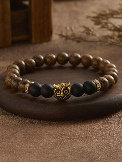 Vòng tay nam bằng hạt gỗ hình cú mèo, kiểu dáng cổ điển, có thể điều chỉnh độ dài, làm quà tặng trang sức và dự tiệc, khắc tên theo yêu cầu.