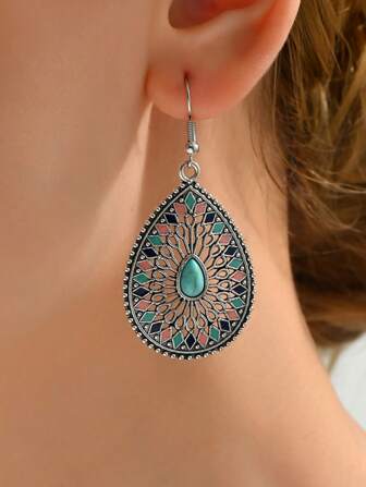 1pair Vintage Elegant Palace Style Drop Earrings With Oval Metal Hollow Out Design and Multi-Color Oil Drop & Turquoise Inlay