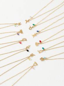 1入組女士不銹鋼12星座吊墜和方晶鋯石吊墜鏈項鍊奢華時尚非常適合約會 - 金黃色 - 查看 2