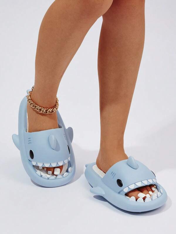 Women Cartoon Shark Design Single Band Slides, Preppy Outdoor EVA