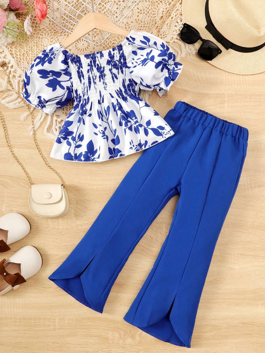 SHEIN Toddler Girls Plants Print Puff Sleeve Peplum Top & Split Hem Flare Leg Trousers - Blue and White - View 1