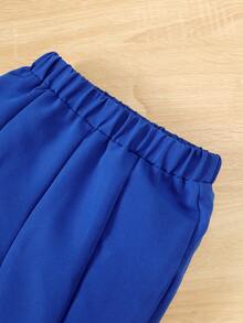 SHEIN Toddler Girls Plants Print Puff Sleeve Peplum Top & Split Hem Flare Leg Trousers - Blue and White - View 4