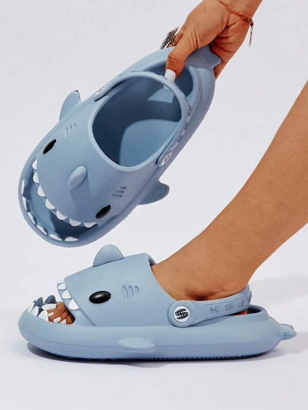 Women Cartoon Shark Design Single Band Slides, Preppy Outdoor EVA