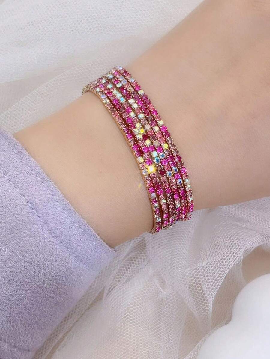 6入組/套派對和粉色系和少女水鑽裝飾閃亮手鐲 - 彩色 - 查看 1