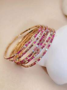 6入組/套派對和粉色系和少女水鑽裝飾閃亮手鐲 - 彩色 - 查看 2