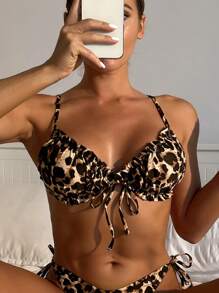 夏季豹纹荷叶边饰带前三角比基尼上衣 - 彩色 - 查看 6
