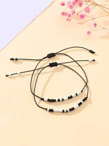 Goodwaro 2pcs/set Regular Black & White Glass Seed Beads I Love You Morse Code Braided Bracelet Set - Black and White - View 5