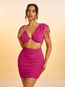 Drawstring Ruched Cut Out Front Bodycon Dress - Hot Pink - View 4